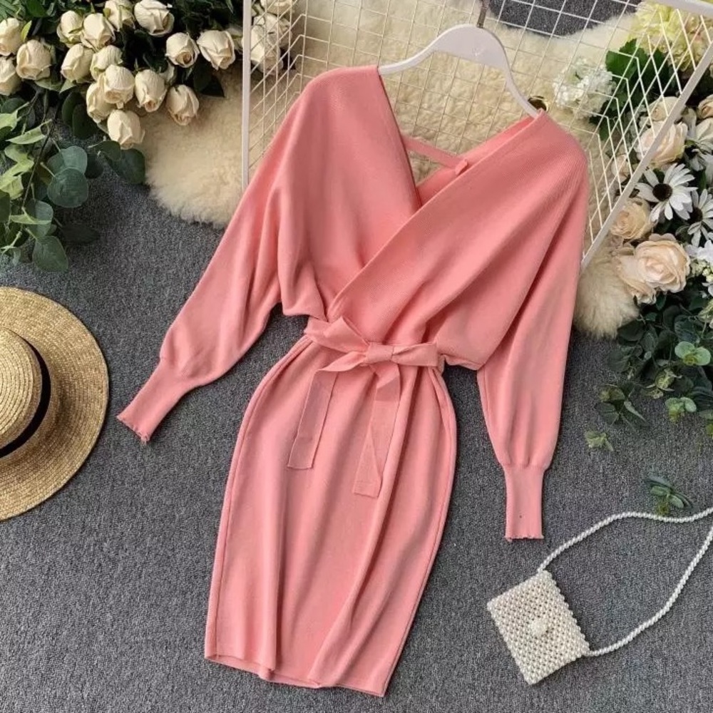 Pink V-Neck Mid-Length Knitted Dress